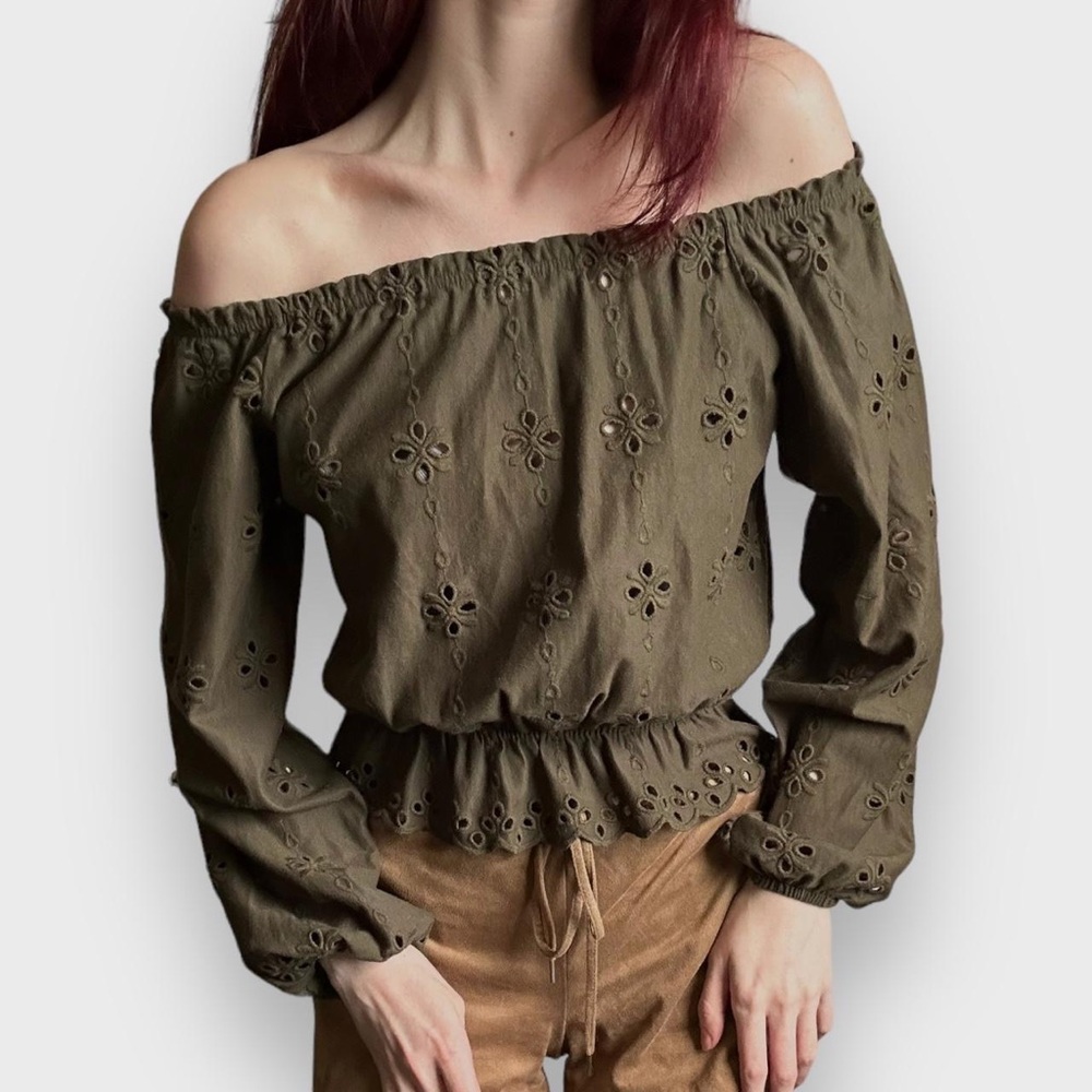 Green Off-The-Shoulder Eyelet Blouse - Size S